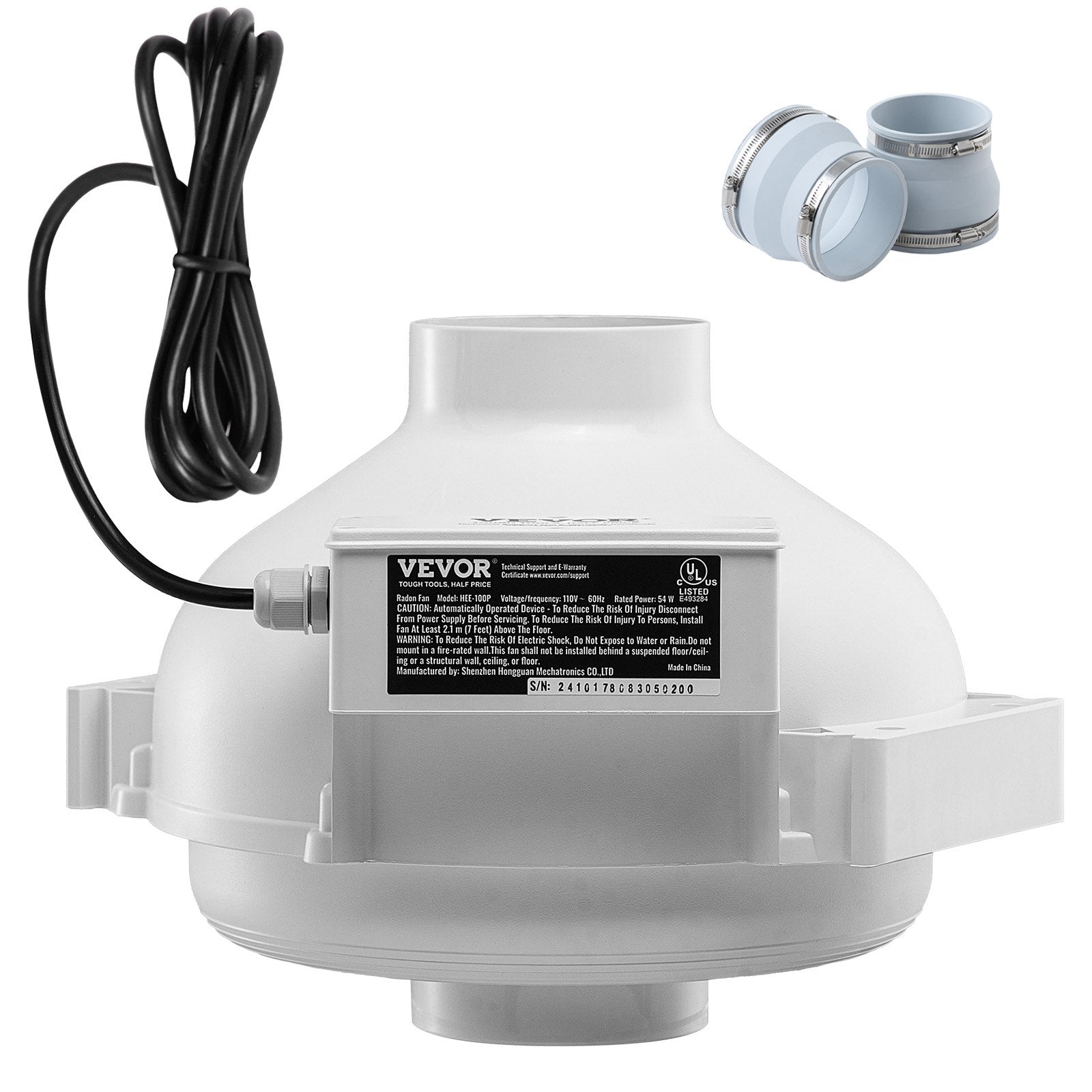 VEVOR 100–115 mm radona samazināšanas ventilators, kluss, 440 m³/h, ūdensizturīgs inline kanāls