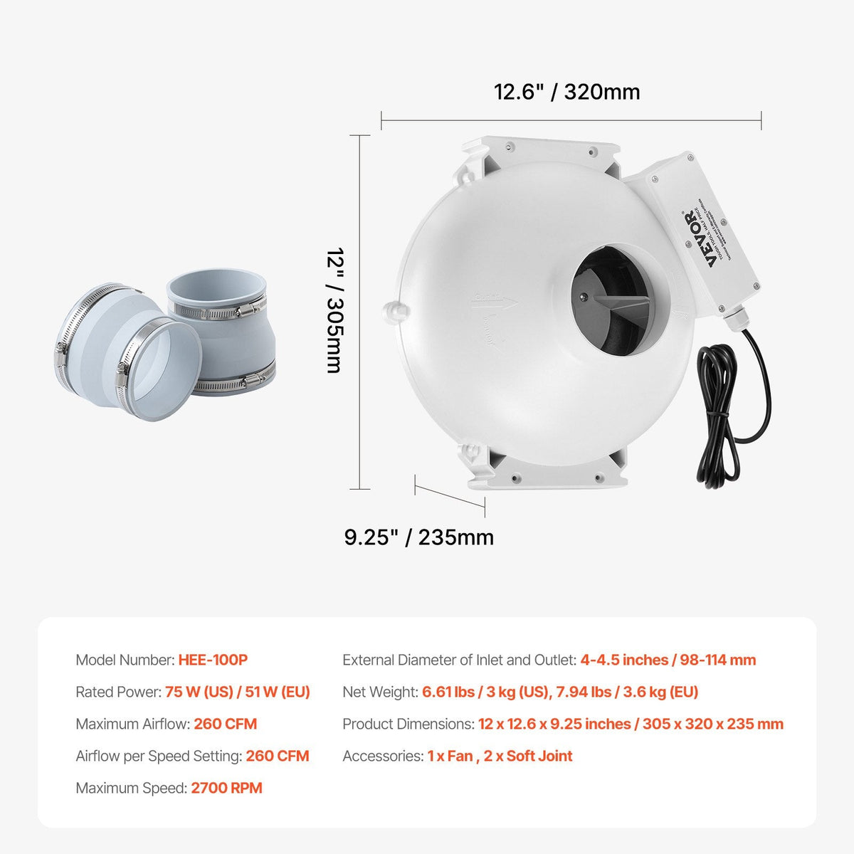 VEVOR 100–115 mm radona samazināšanas ventilators, kluss, 440 m³/h, ūdensizturīgs inline kanāls