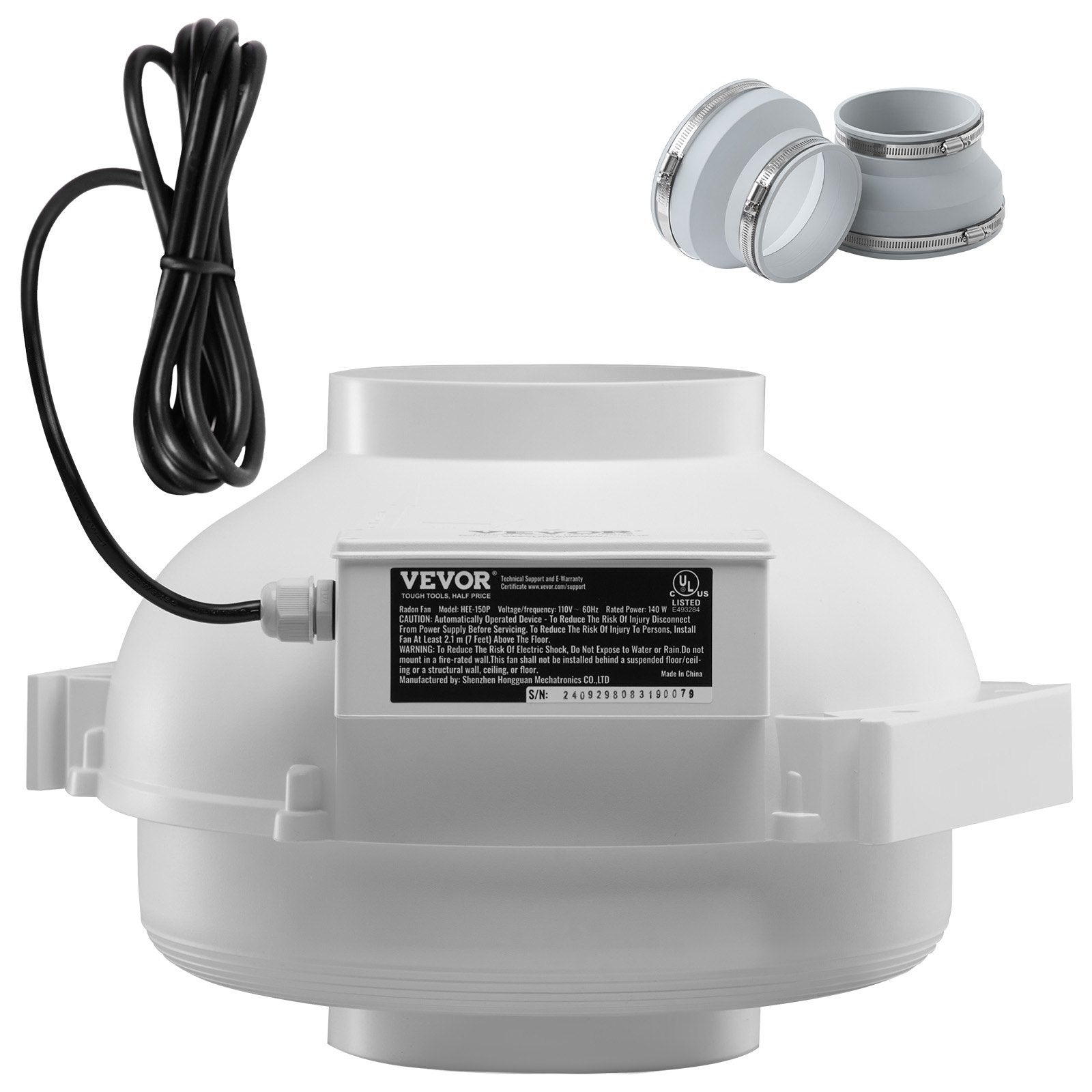 VEVOR 100–114 mm radona samazināšanas ventilators, kluss, 645 m³/h, ūdensizturīgs