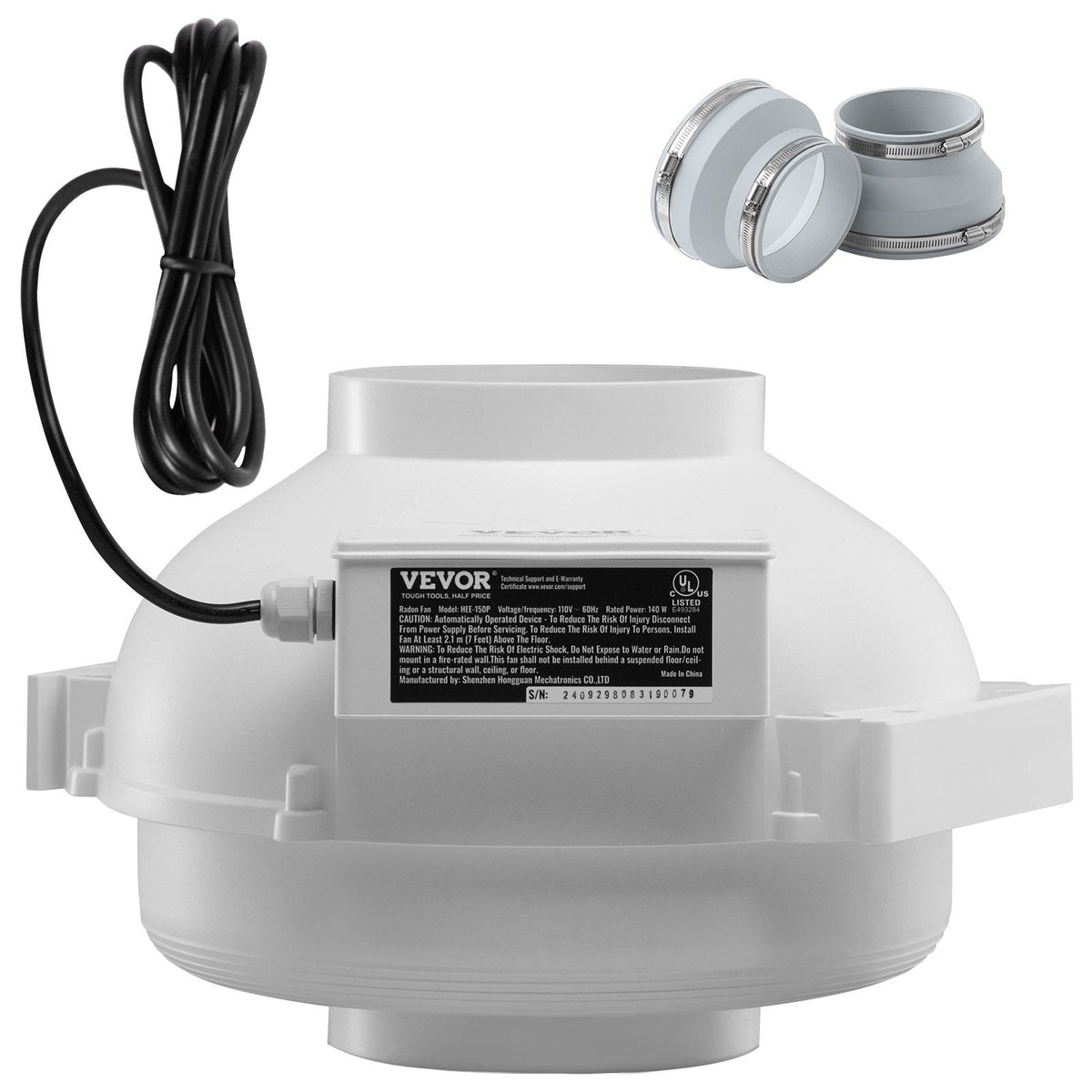VEVOR 100–114 mm radona samazināšanas ventilators, kluss, 645 m³/h, ūdensizturīgs