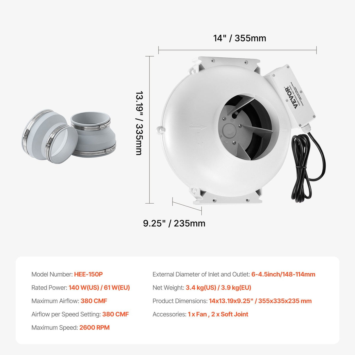 VEVOR 100–114 mm radona samazināšanas ventilators, kluss, 645 m³/h, ūdensizturīgs