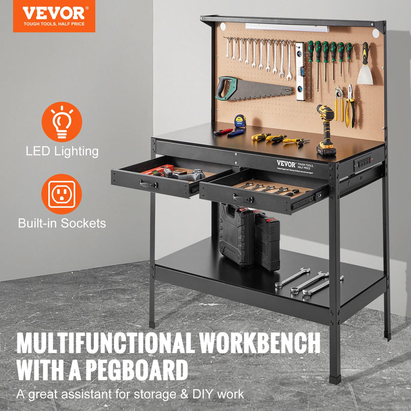 VEVOR multifunctional work table 122x61 cm with nail board and power outlet, up to 100kg