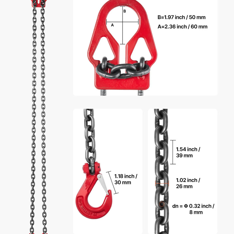 VEVOR ķēžu strops, 8 mm × 3 m pacelšanas ķēdes ar 2 zaru satvērējāķiem, izturīgs G80 leģētā tērauda pacelšanas strops, 3,17 t celtspēja, regulējams dzinēju pacelšanai, kravas nostiprināšanai un vilkšanai.