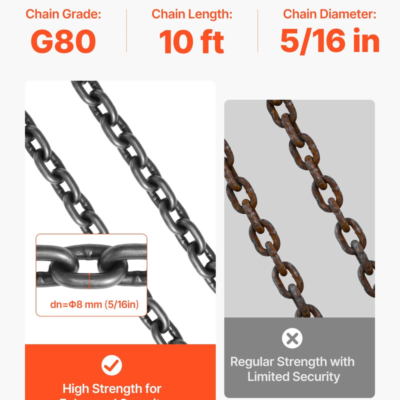 VEVOR ķēžu strops, 8 mm × 3 m pacelšanas ķēdes ar 2 zaru satvērējāķiem, izturīgs G80 leģētā tērauda pacelšanas strops, 3,17 t celtspēja, regulējams dzinēju pacelšanai, kravas nostiprināšanai un vilkšanai.