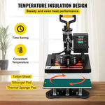 VEVOR 650W 220V siltumspiedes sašīna, kas aprīkota ar teflona pārklājumu, 25x30 cm, 2-in-1 sublimācijas preses iekārta, ar iebūvētu digitālo displeju, ksa ļauj precīzi regulēt temperatūru un laiku, nodrošinot kvalitatīvu apdruku bez kļūdām.