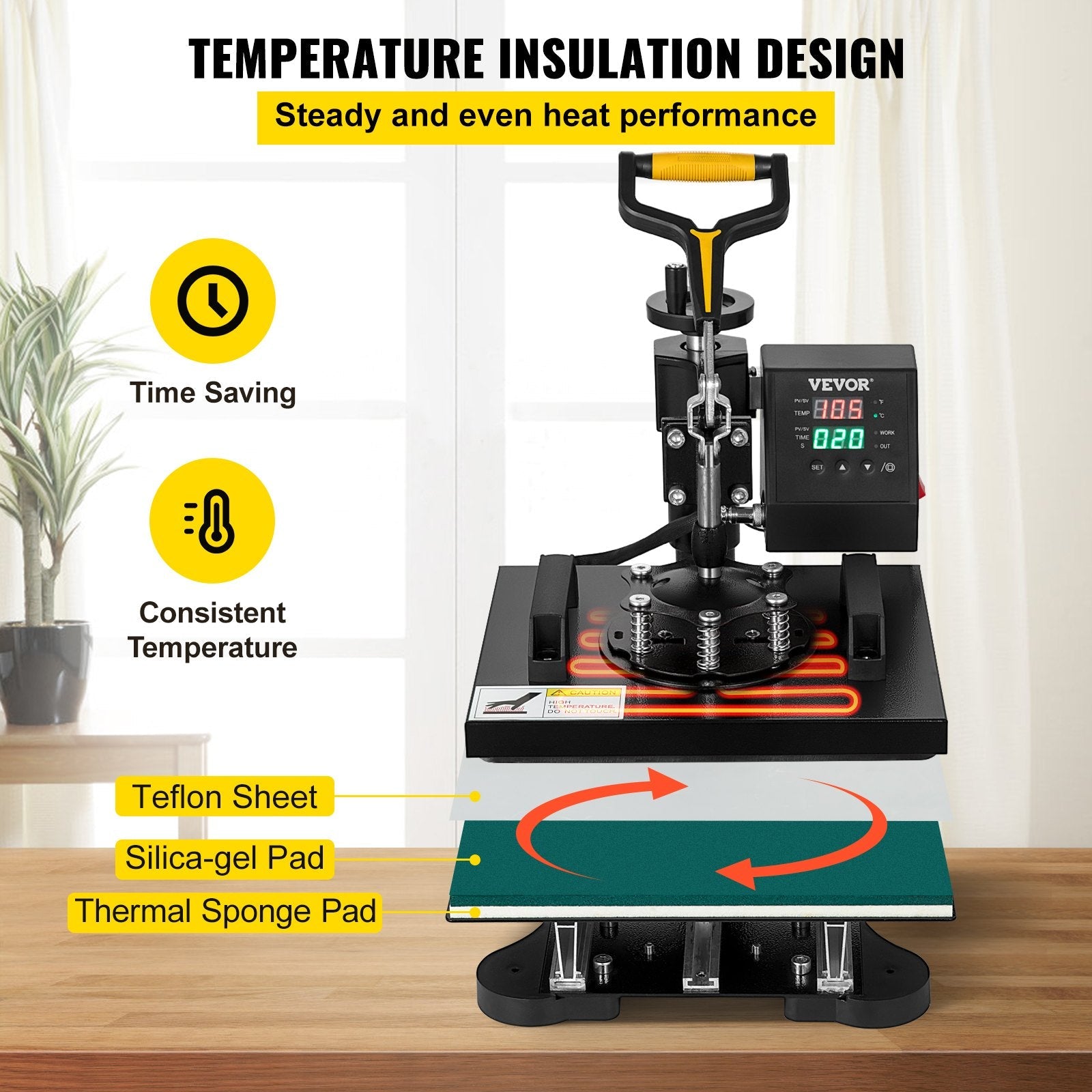 VEVOR 650W 220V siltumspiedes sašīna, kas aprīkota ar teflona pārklājumu, 25x30 cm, 2-in-1 sublimācijas preses iekārta, ar iebūvētu digitālo displeju, ksa ļauj precīzi regulēt temperatūru un laiku, nodrošinot kvalitatīvu apdruku bez kļūdām.