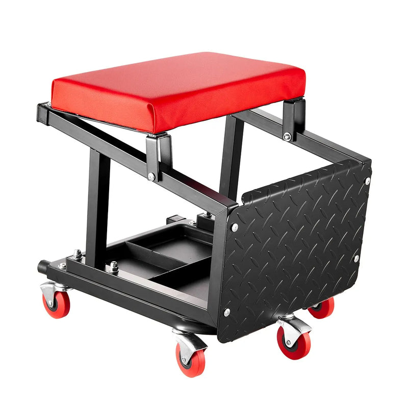 VEVOR mehāniķa rullkrēsls, 136 kg celtspēja, grozāms 360° darbnīcas sēdeklis ar riteņiem un instrumentu paliktni, piemērots garāžām, darbnīcām un auto remontam, melns