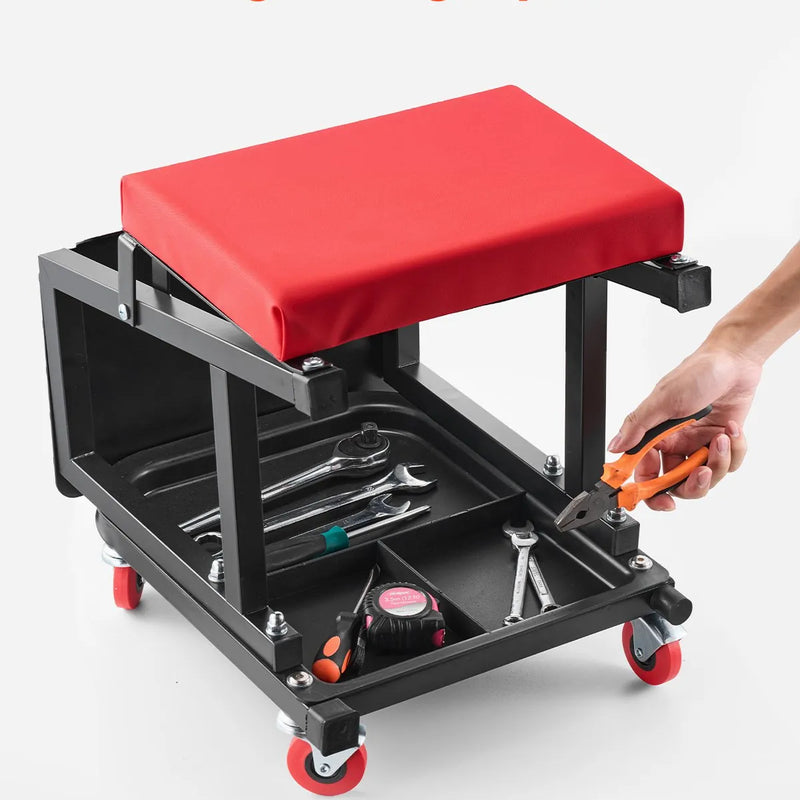 VEVOR mehāniķa rullkrēsls, 136 kg celtspēja, grozāms 360° darbnīcas sēdeklis ar riteņiem un instrumentu paliktni, piemērots garāžām, darbnīcām un auto remontam, melns