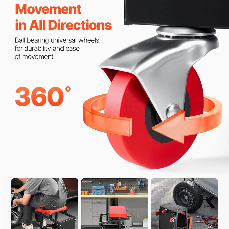 VEVOR mehāniķa rullkrēsls, 136 kg celtspēja, grozāms 360° darbnīcas sēdeklis ar riteņiem un instrumentu paliktni, piemērots garāžām, darbnīcām un auto remontam, melns