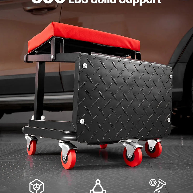 VEVOR mehāniķa rullkrēsls, 136 kg celtspēja, grozāms 360° darbnīcas sēdeklis ar riteņiem un instrumentu paliktni, piemērots garāžām, darbnīcām un auto remontam, melns