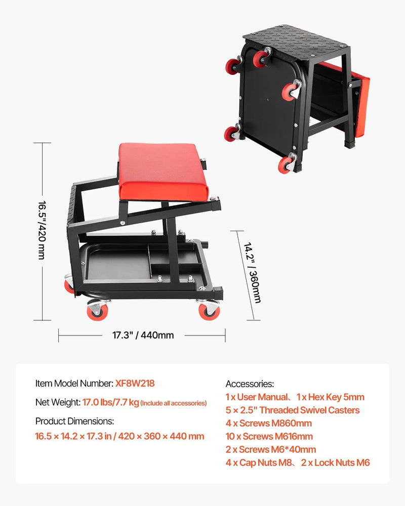 VEVOR mehāniķa rullkrēsls, 136 kg celtspēja, grozāms 360° darbnīcas sēdeklis ar riteņiem un instrumentu paliktni, piemērots garāžām, darbnīcām un auto remontam, melns