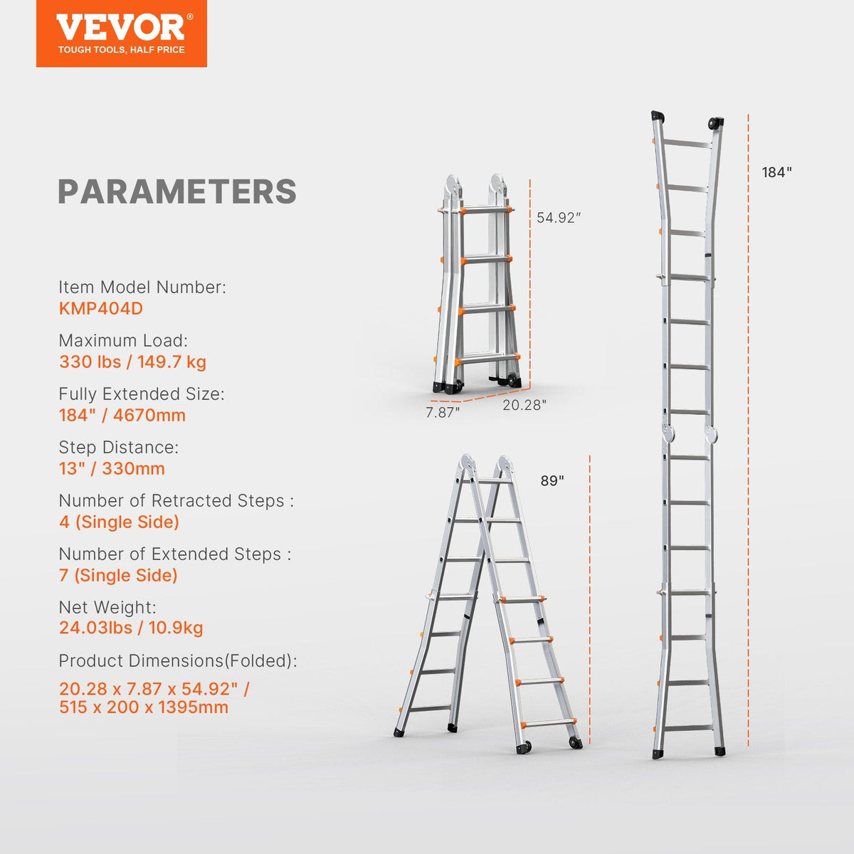 VEVOR teleskopiskās kāpnes A-veida, 4,6 m, izbīdāmas, daudzfunkcionālas mājas darbiem, 150 kg slodze