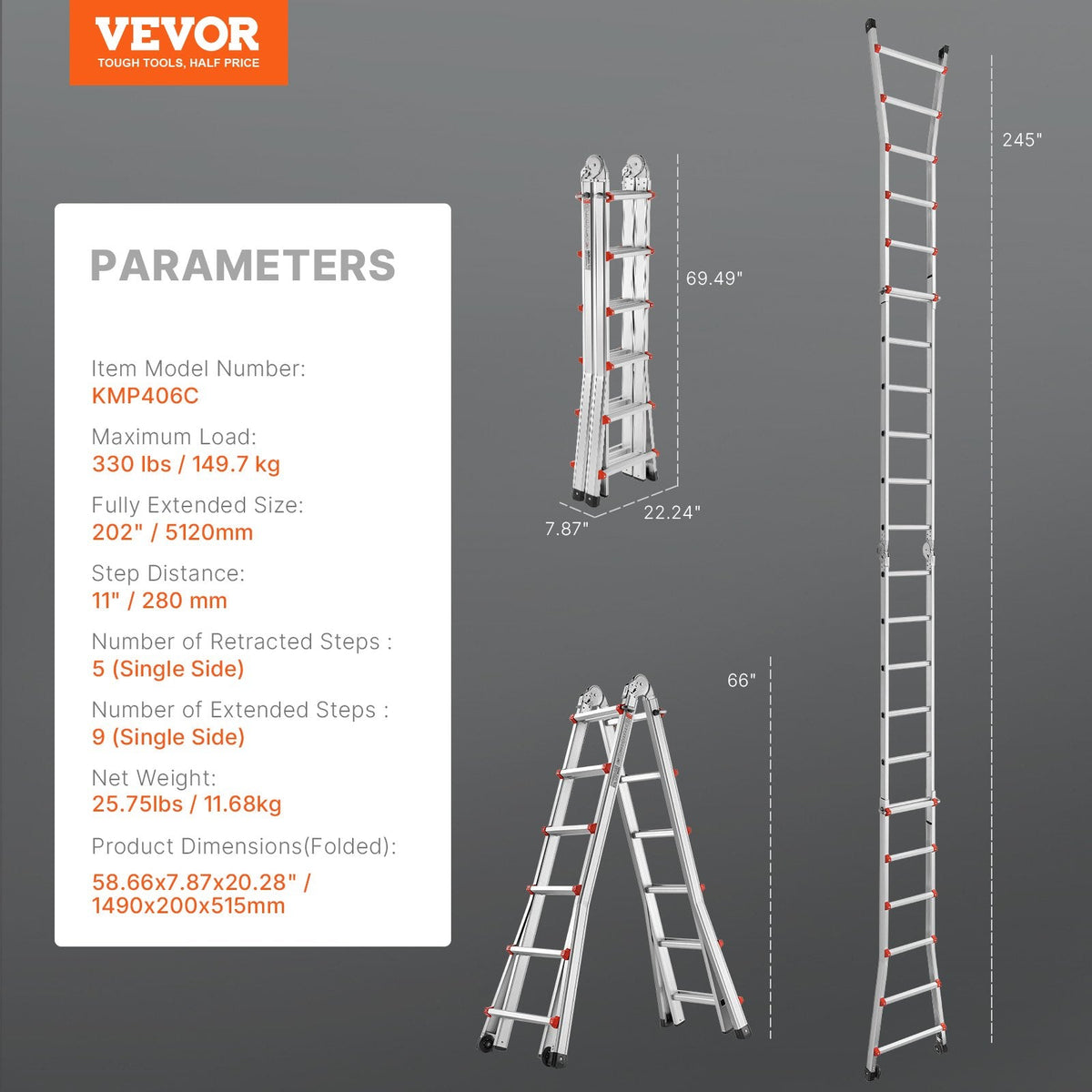 VEVOR teleskopiskās kāpnes A-veida, 6 m, izbīdāmas, daudzfunkcionālas mājas darbiem, 150 kg slodze