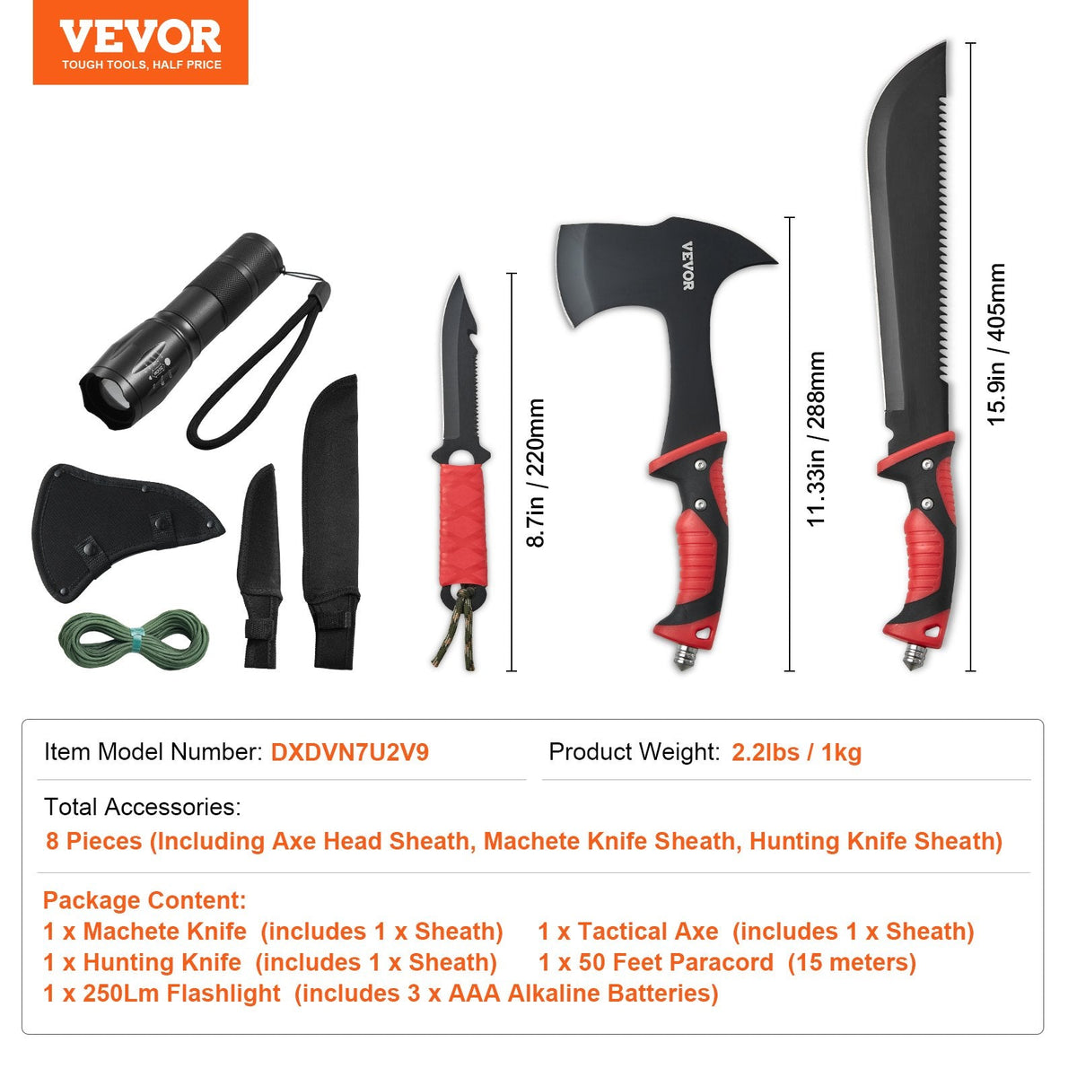 VEVOR 8 in 1 Kempinga Cirvis, Machete Nazis ar Vairogu, Medību Nazis, Lukturītis, Poliestera Virve