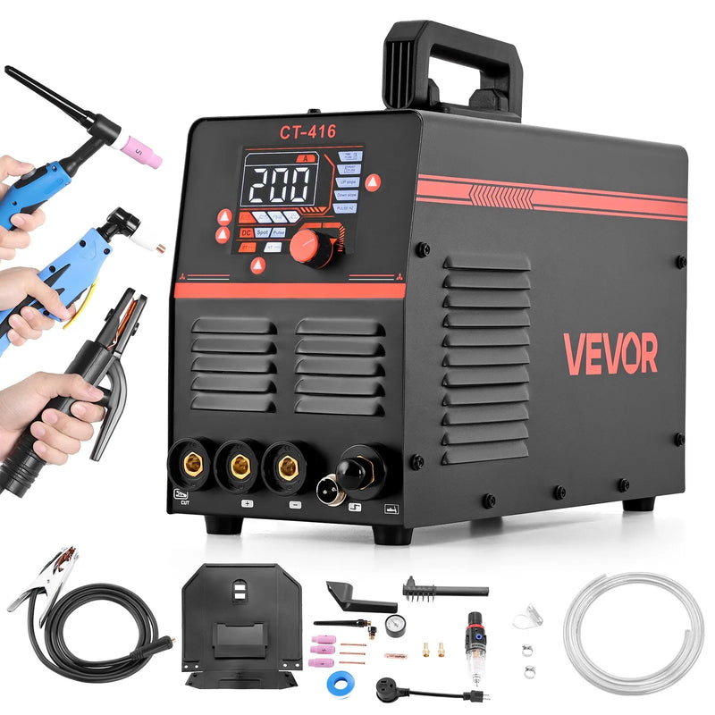 VEVOR 3-in-1 plazmas griezējs un metināšanas iekārta – CUT/TIG/MMA, 50 A plazmas griešanas iekārta un 200 A TIG/MMA metinātājs, LED digitālais displejs ar 2T/4T/PA/PT funkcijām, mājas remontam un darbnīcām, 220 V