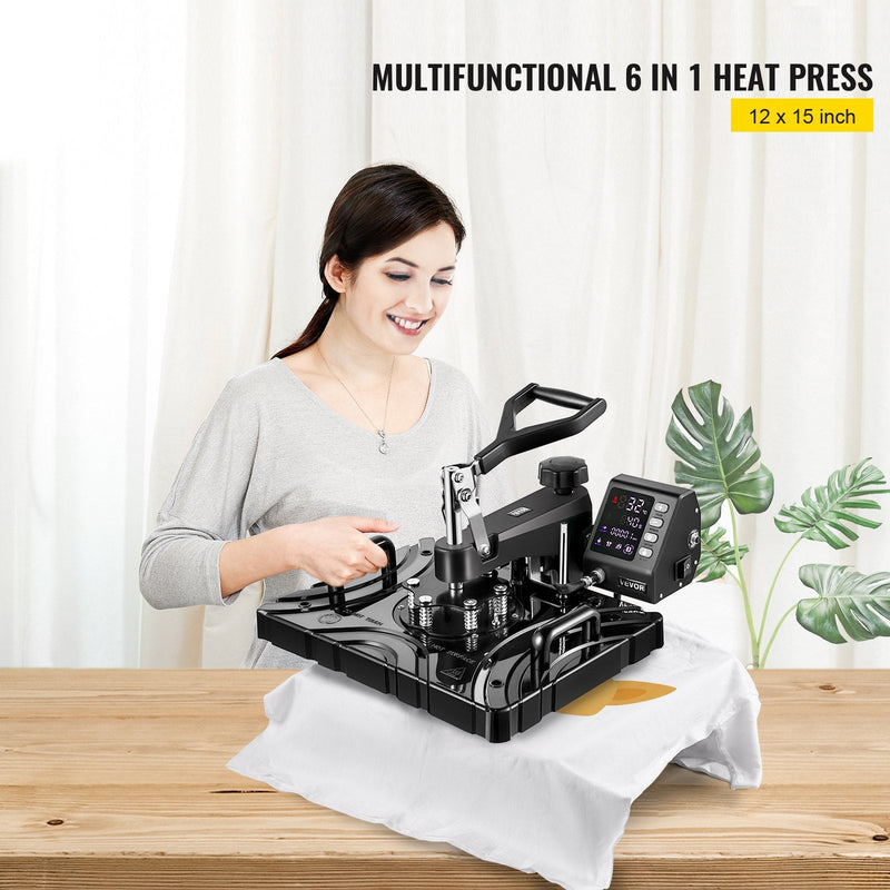 VEVOR termoprese 30×38 cm 6-in-1, 1000 W, melna, sublimācijas pārneses prese ar rotējošu mehānismu, T-krekliem, cepurēm, krūzēm, apaviem, precīza vadība, displejs DIY darbiem