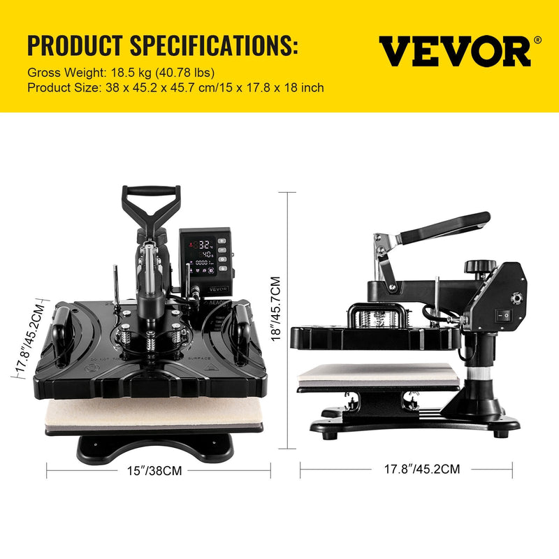 VEVOR termoprese 30×38 cm 6-in-1, 1000 W, melna, sublimācijas pārneses prese ar rotējošu mehānismu, T-krekliem, cepurēm, krūzēm, apaviem, precīza vadība, displejs DIY darbiem