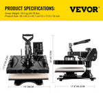 VEVOR termoprese 30×38 cm 6-in-1, 1000 W, melna, sublimācijas pārneses prese ar rotējošu mehānismu, T-krekliem, cepurēm, krūzēm, apaviem, precīza vadība, displejs DIY darbiem