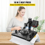 VEVOR 30x38 cm 10-in-1 termoprese 1000W, 360° rotējoša Swing Away termoprese, melna, 10-in-1 T-kreklu sublimācijas mašīna ar divu cauruļu sildīšanu, DIY pildspalvām, cepurēm, krūzēm u.c.