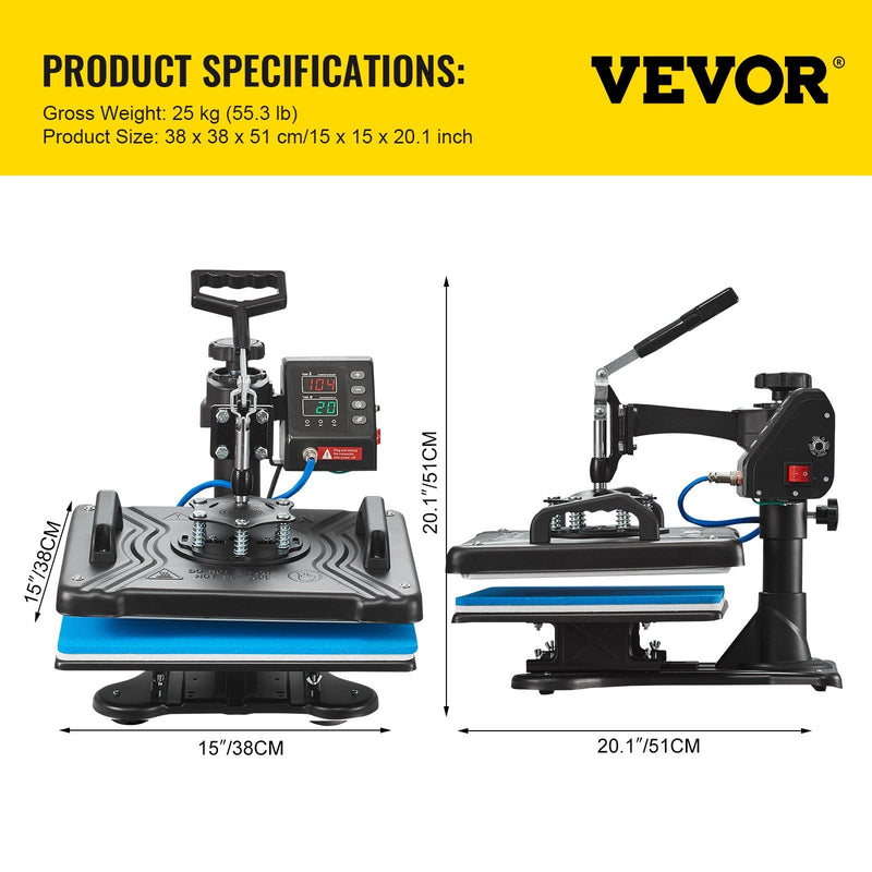 VEVOR 30x38 cm 10-in-1 termoprese 1000W, 360° rotējoša Swing Away termoprese, melna, 10-in-1 T-kreklu sublimācijas mašīna ar divu cauruļu sildīšanu, DIY pildspalvām, cepurēm, krūzēm u.c.