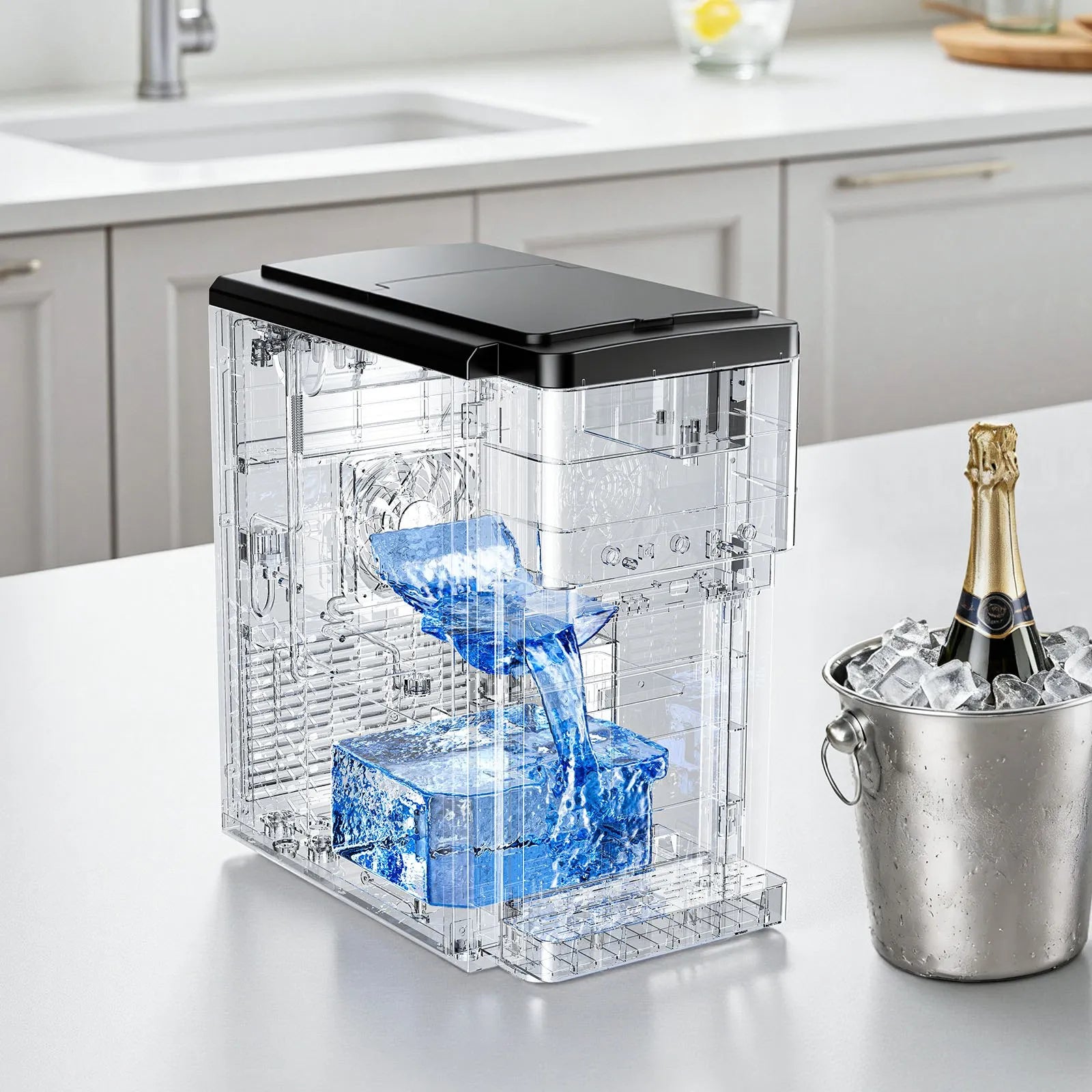 VEVOR galda ūdens dozators ar ledus automātu, 3-in-1, 16 kg/24 h ledus ražošana, 12 ledus gabaliņi 7 minūtēs, 1,8 kg uzglabāšanas ietilpība, lodīšu un sasmalcināts ledus, auksts ūdens, mājai un virtuvei