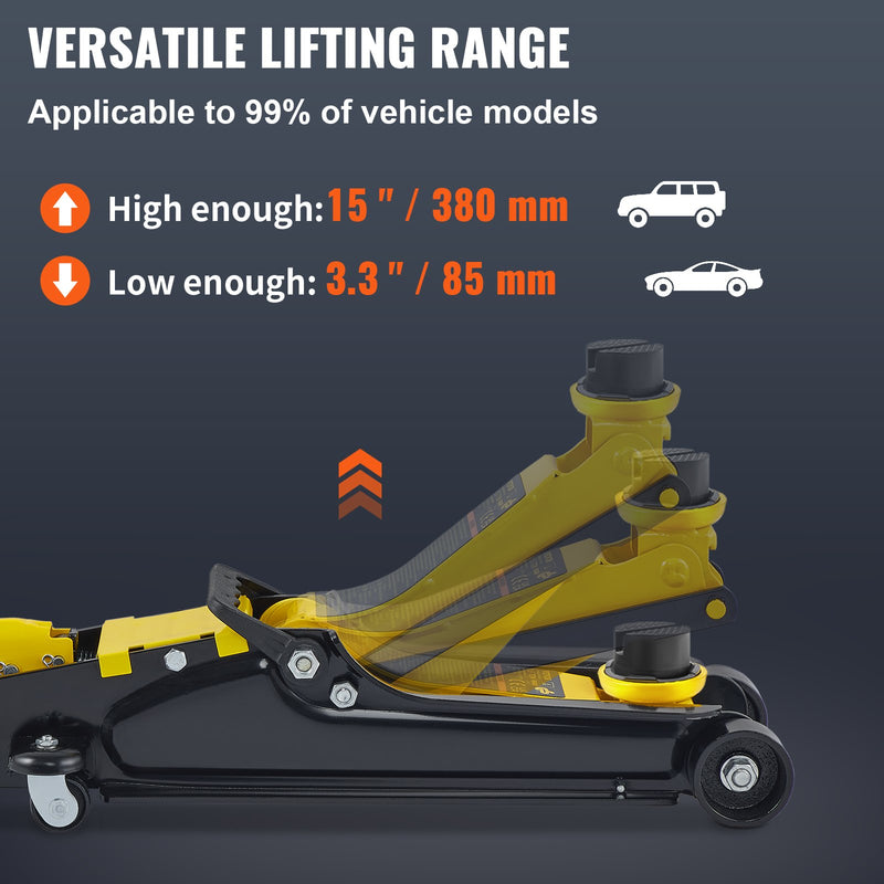 Домкрат напольный VEVOR 2,5 т, низкопрофильный, стальная конструкция, диапазон подъема 85-380 мм