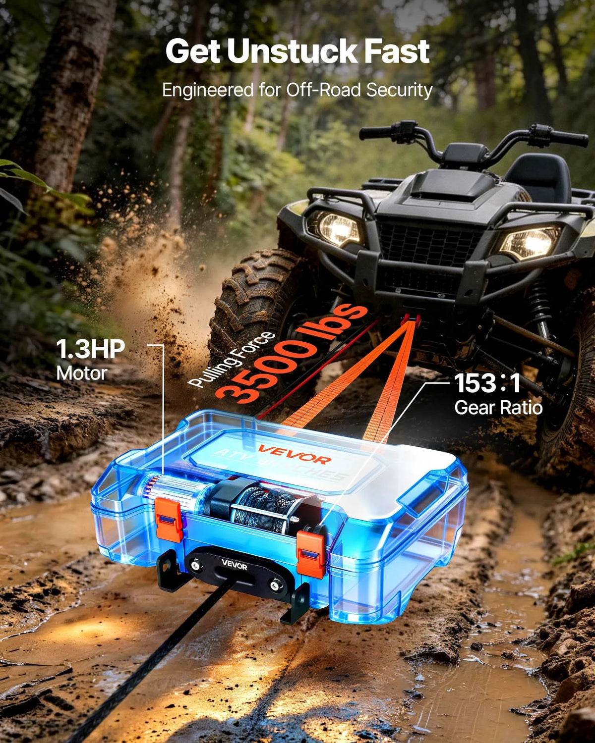 VEVOR pārnēsājama elektriskā vinča 1587 kg, 12 V DC, ar sintētisko trosi, bezvadu un vadu tālvadību, atgūšanas komplektu, ATV/UTV bezceļiem
