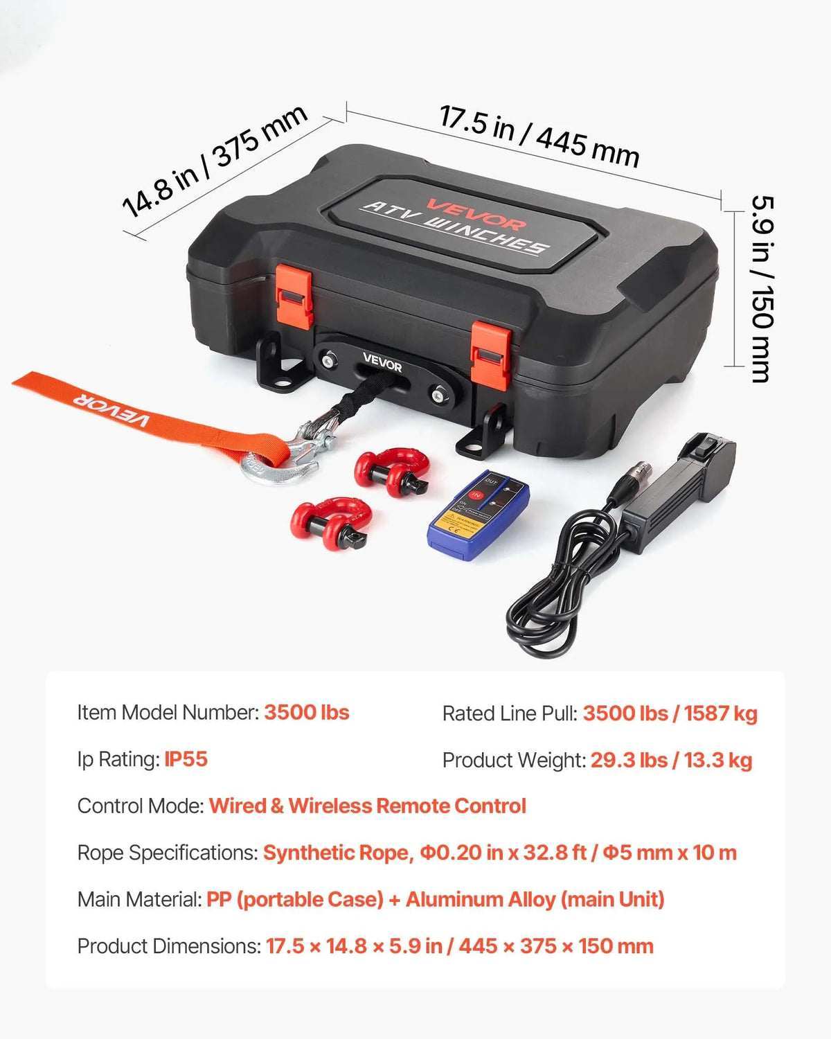 VEVOR pārnēsājama elektriskā vinča 1587 kg, 12 V DC, ar sintētisko trosi, bezvadu un vadu tālvadību, atgūšanas komplektu, ATV/UTV bezceļiem
