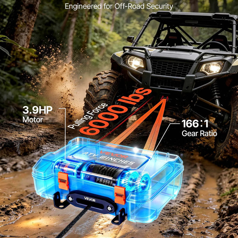 VEVOR pārnēsājama elektriskā vinča 2721 kg, 12 V DC, ar sintētisko trosi, bezvadu un vadu tālvadību, atgūšanas komplektu, ATV/UTV bezceļu vilkšanai