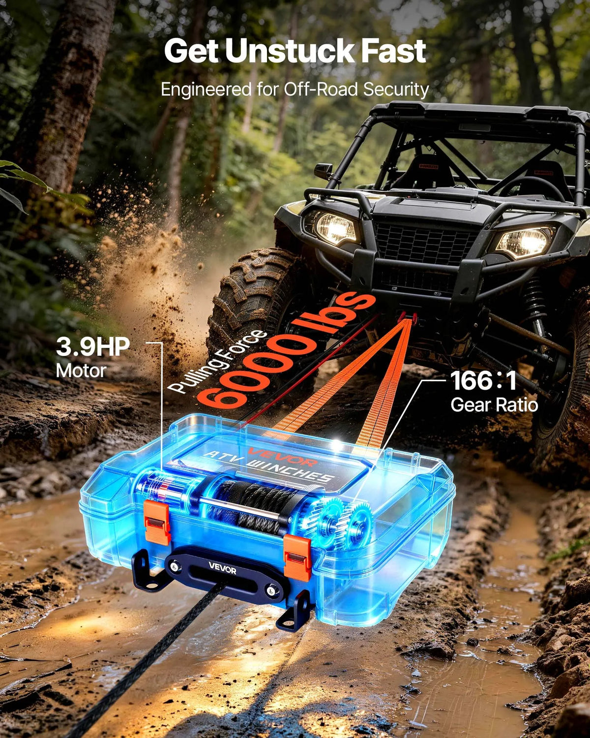 VEVOR pārnēsājama elektriskā vinča 2721 kg, 12 V DC, ar sintētisko trosi, bezvadu un vadu tālvadību, atgūšanas komplektu, ATV/UTV bezceļu vilkšanai