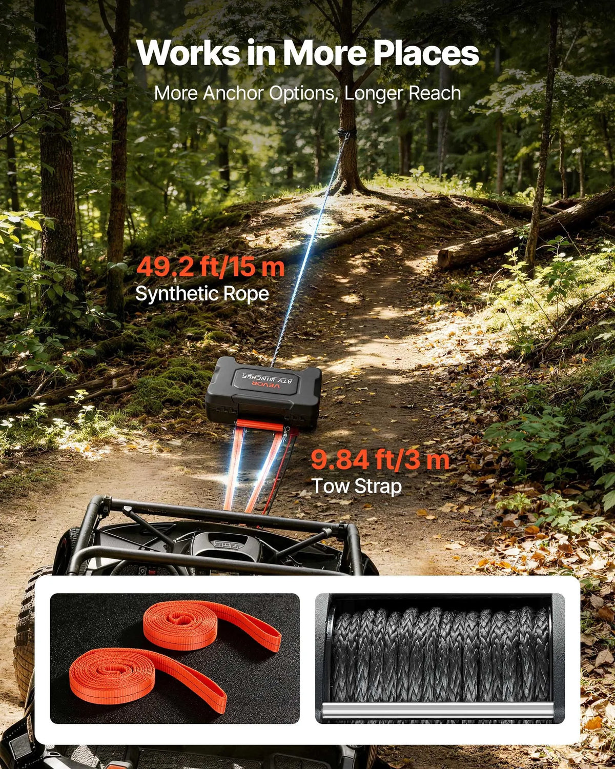 VEVOR pārnēsājama elektriskā vinča 2721 kg, 12 V DC, ar sintētisko trosi, bezvadu un vadu tālvadību, atgūšanas komplektu, ATV/UTV bezceļu vilkšanai