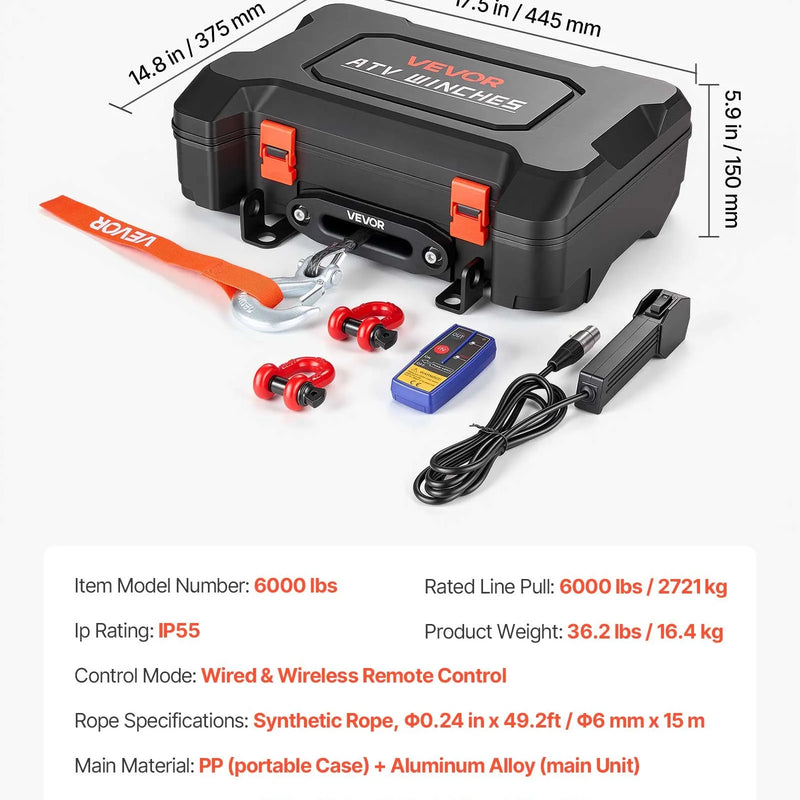 VEVOR pārnēsājama elektriskā vinča 2721 kg, 12 V DC, ar sintētisko trosi, bezvadu un vadu tālvadību, atgūšanas komplektu, ATV/UTV bezceļu vilkšanai