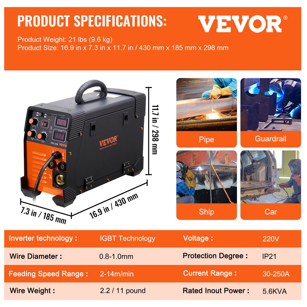 VEVOR MIG Metināšanas iekārta 250 Amp MIG LIFT TIG ARC Metināšanas iekārta 3-in-1 Metināšanas iekārta 220V LIFT TIG