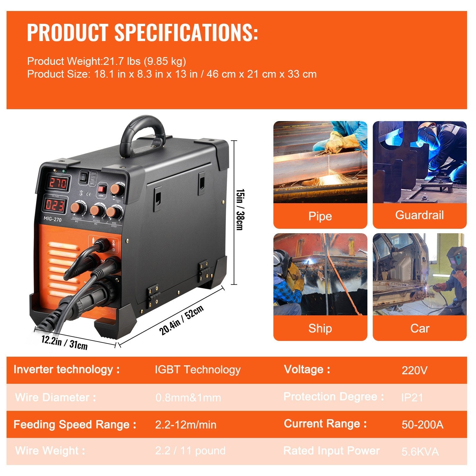 VEVOR MIG Metinātājs 270 A MIG MMA Lift TIG 3 vienā Metināšanas Komplektā 110 V/220 V