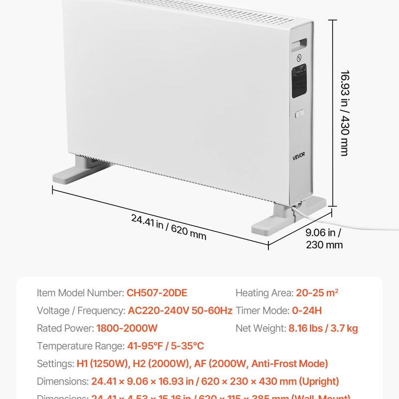 Konvektsioonpaneeliga küttekeha 2000 W, elektriline ruumide küttekeha puldiga ja puutetundliku juhtimisega, 3 režiimi, 24 h taimeri, stendile või seinale paigaldatav, ümbermineku- ja ülekuumenemiskaitse, koju ja kontorisse.