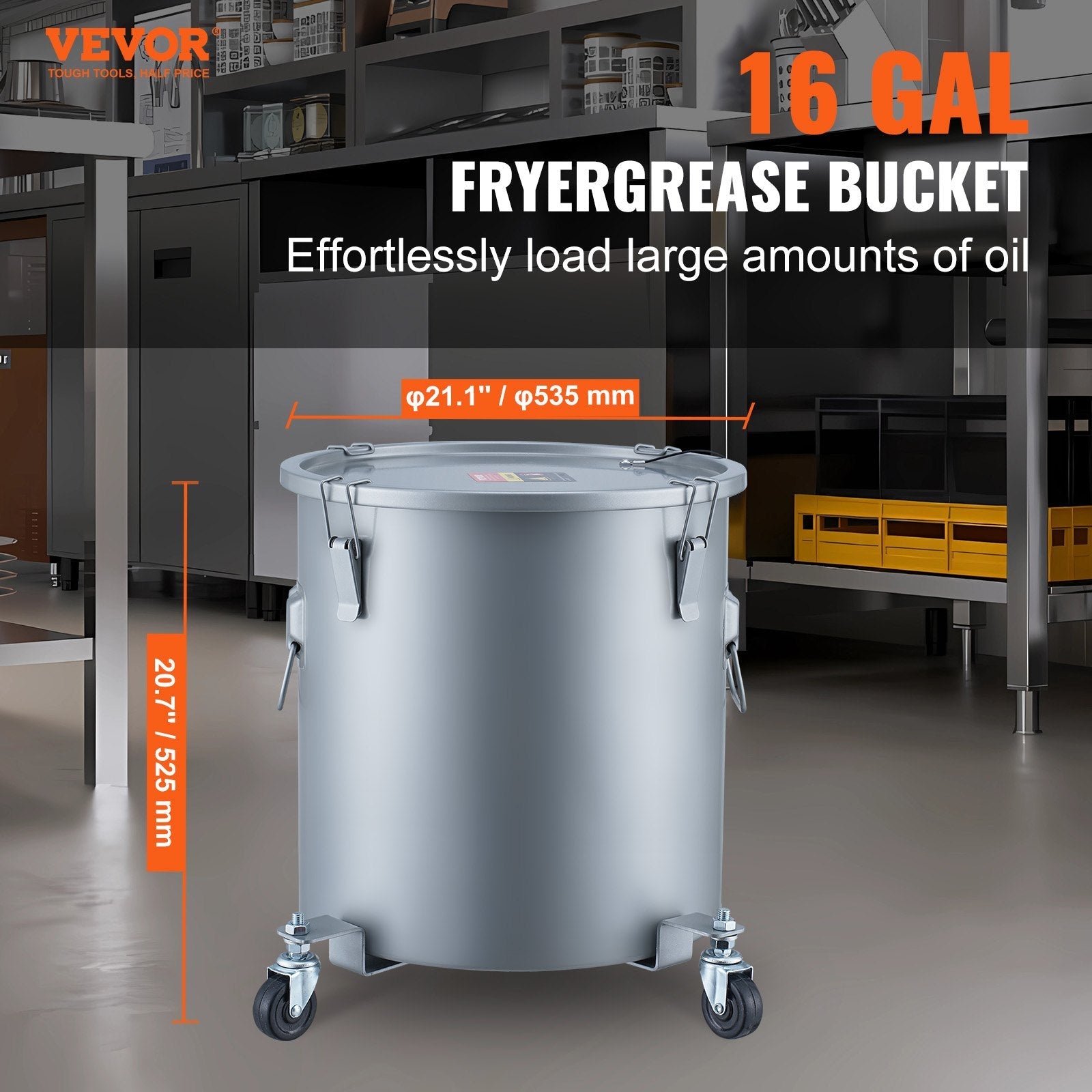 VEVOR eļļas savākšanas konteiners, 60,5 L, ar ritenīšu pamatni, vāku, fiksatoriem un filtra maisu – karstās cepamās eļļas filtrēšanai, pelēks, ar pretrūsas pārklājumu