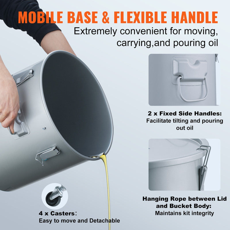 VEVOR 30L Eļļas Savākšanas Tvertne, Eļļas Atkritumu Konteiners ar Ritenīšu Bāzi, Oglekļa Tērauds ar Pretrūsas Pārklājumu, Vāks, Fiksācijas Klipši un Filtra Maiss Karstas Gatavošanas Eļļas Filtrēšanai, Pelēks