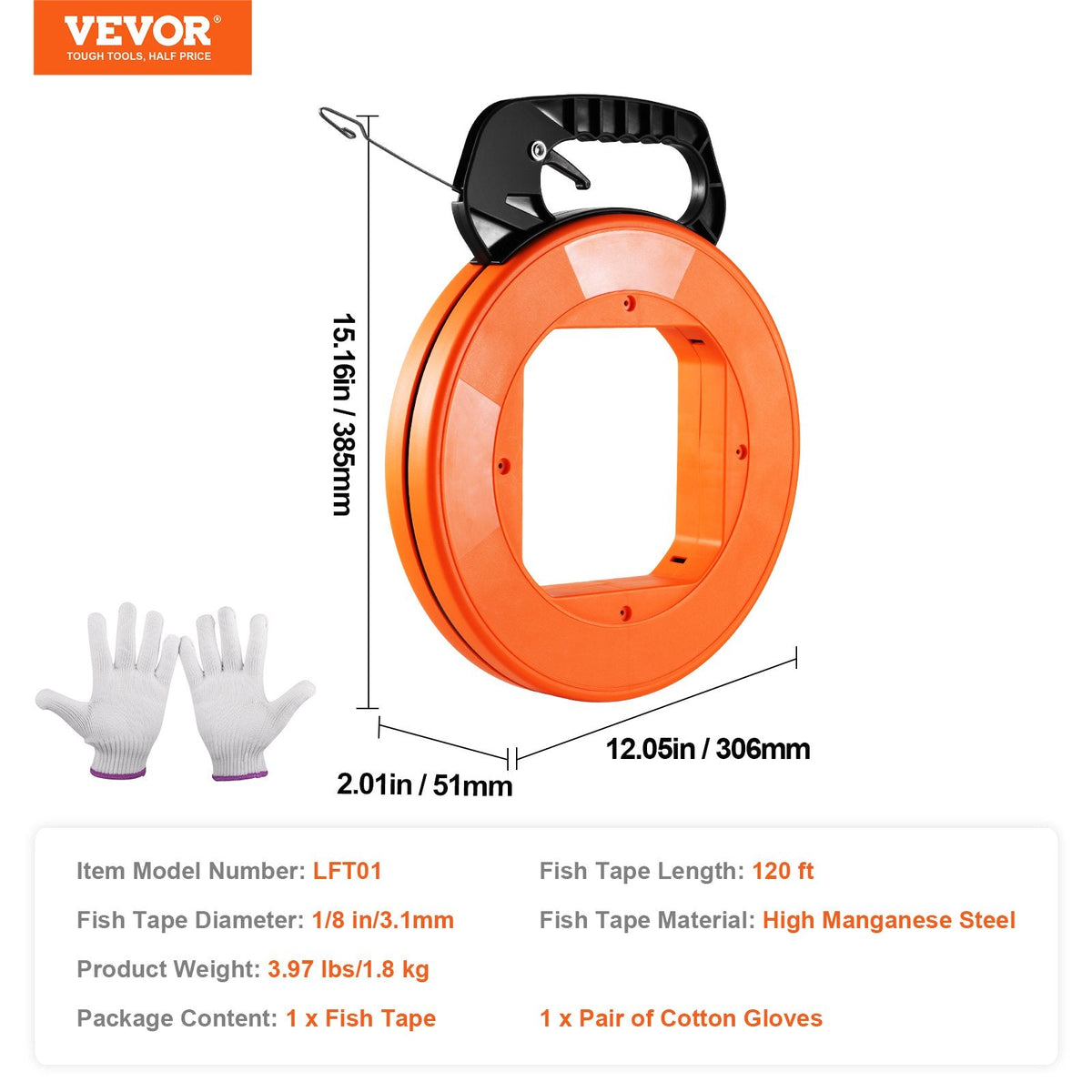 VEVOR tērauda vadu ievilkšanas lente, garums 36 m, diametrs 3,1 mm, ar izturīgu plastmasas korpusu