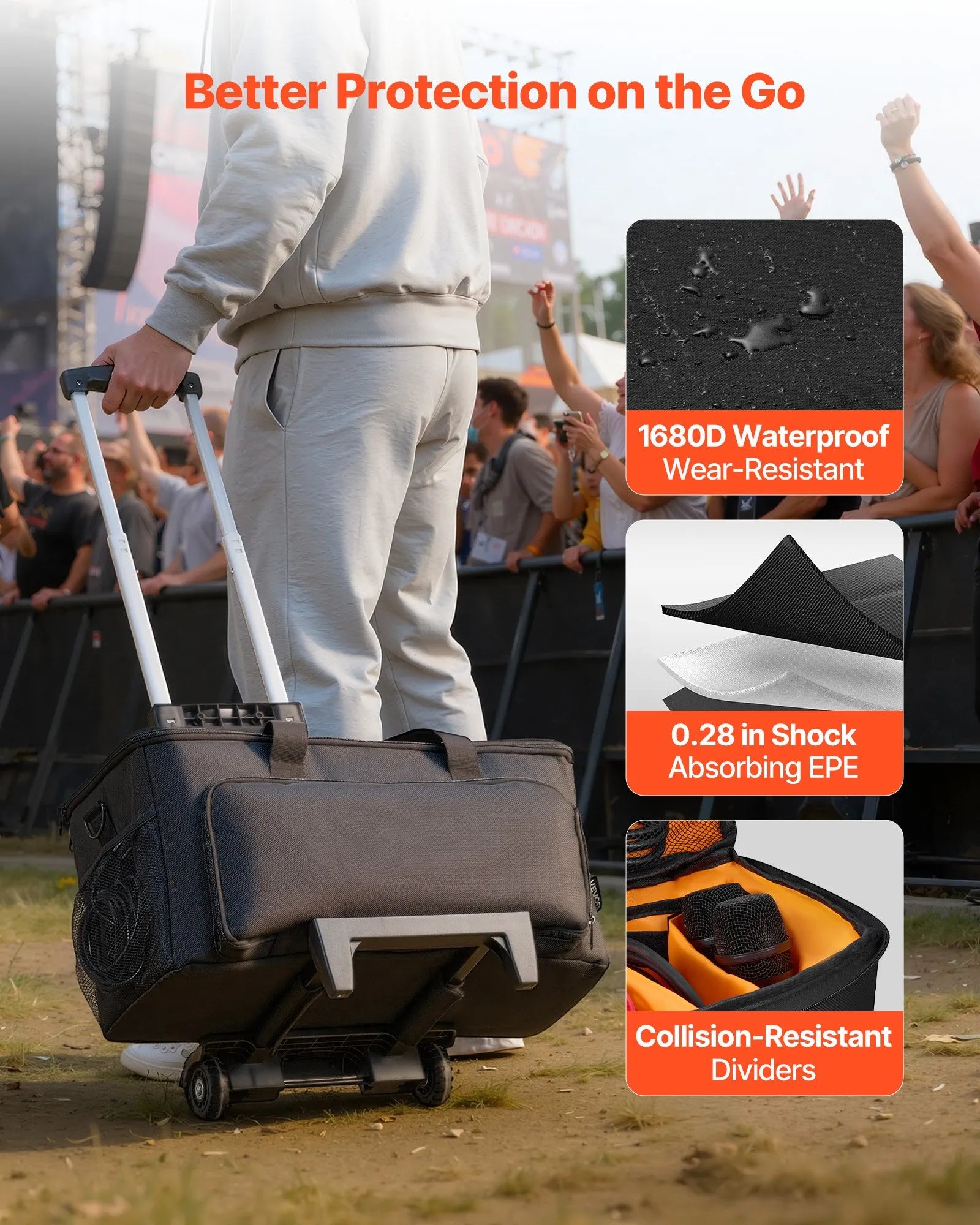 VEVOR DJ kabeļu soma ar riteņiem, 1680D, polsterēta gig soma ar 6 noņemamiem nodalījumiem, transportēšanas un uzglabāšanas soma mūzikas aprīkojumam, profesionālai DJ tehnikai, mūzikas instrumentiem un skaņas iekārtām