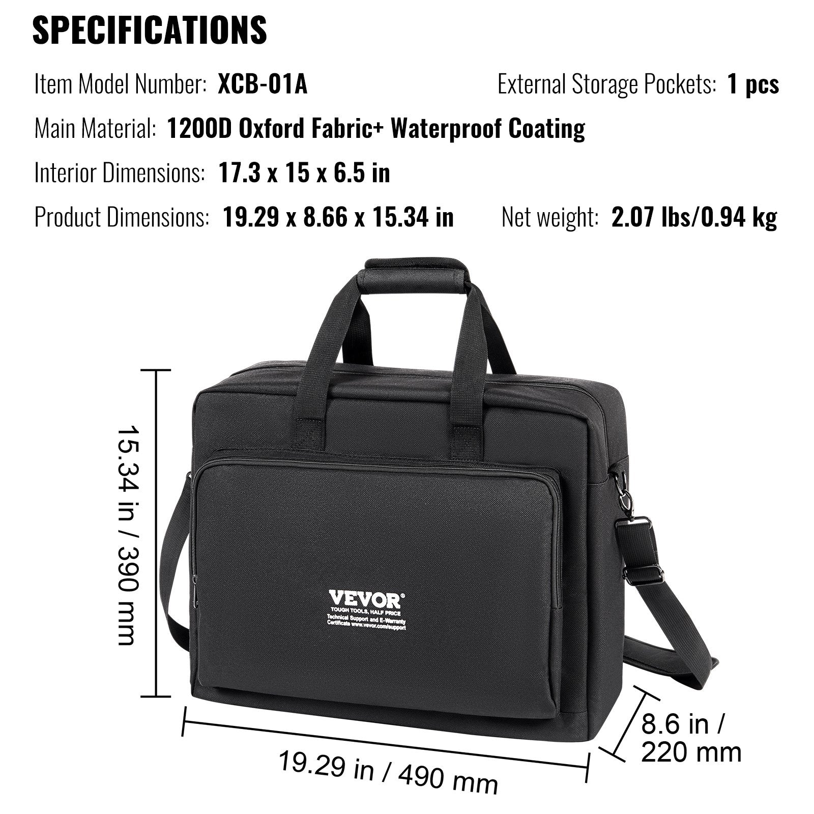 VEVOR polsterēta DJ miksera soma, 1200D Oxford audums, 1,5 m noņemama pleca siksna, 10 mm polsterējums, 490 × 220 × 390 mm uzglabāšanas soma DJ kontrolierim ar kabatu