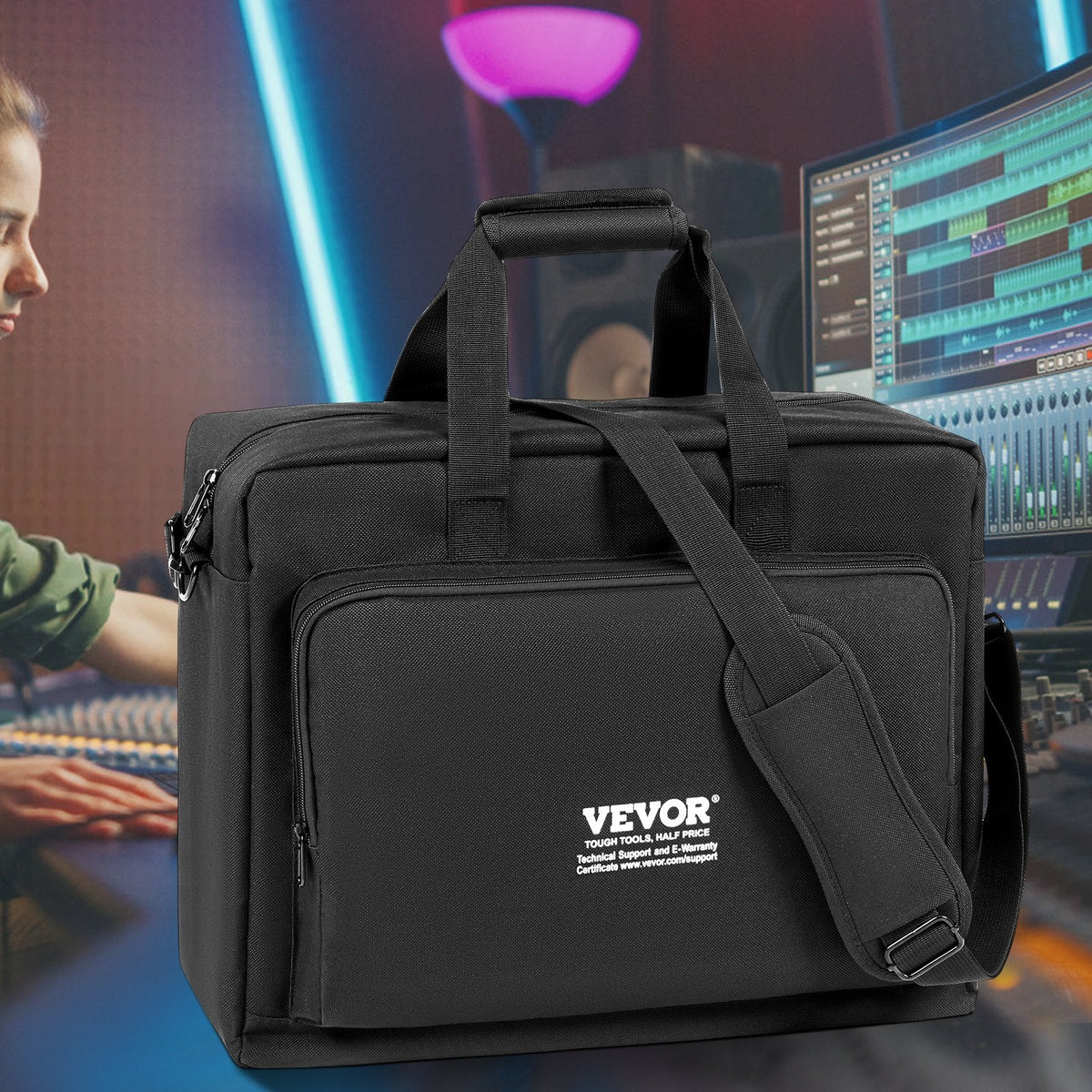 VEVOR polsterēta DJ miksera soma, 1200D Oxford audums, 1,5 m noņemama pleca siksna, 10 mm polsterējums, 490 × 220 × 390 mm uzglabāšanas soma DJ kontrolierim ar kabatu