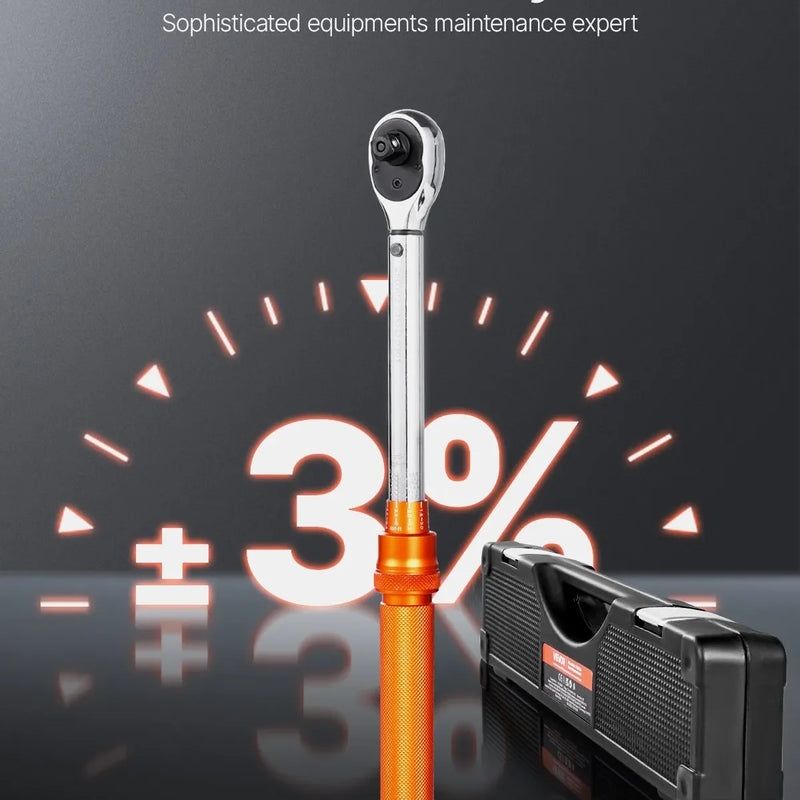 VEVOR klikšķa tipa griezes momentslēdža komplekts, kvadrāts 9,5 mm, griezes moments 5–60 Nm, divvirzienu darbība, 72 zobu mehānisms, ±3 % precizitāte, ar ligzdām, uzgaļiem, pagarinātāju, aizdedzes sveču ligzdām un adapteri, oranžs