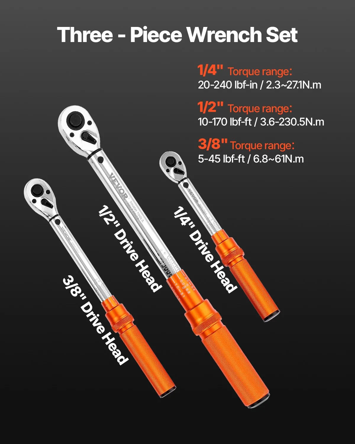 VEVOR Klikšķa momentatslēgu komplekts, 3 daļas, 6,35 / 9,5 / 12,7 mm, divvirzienu