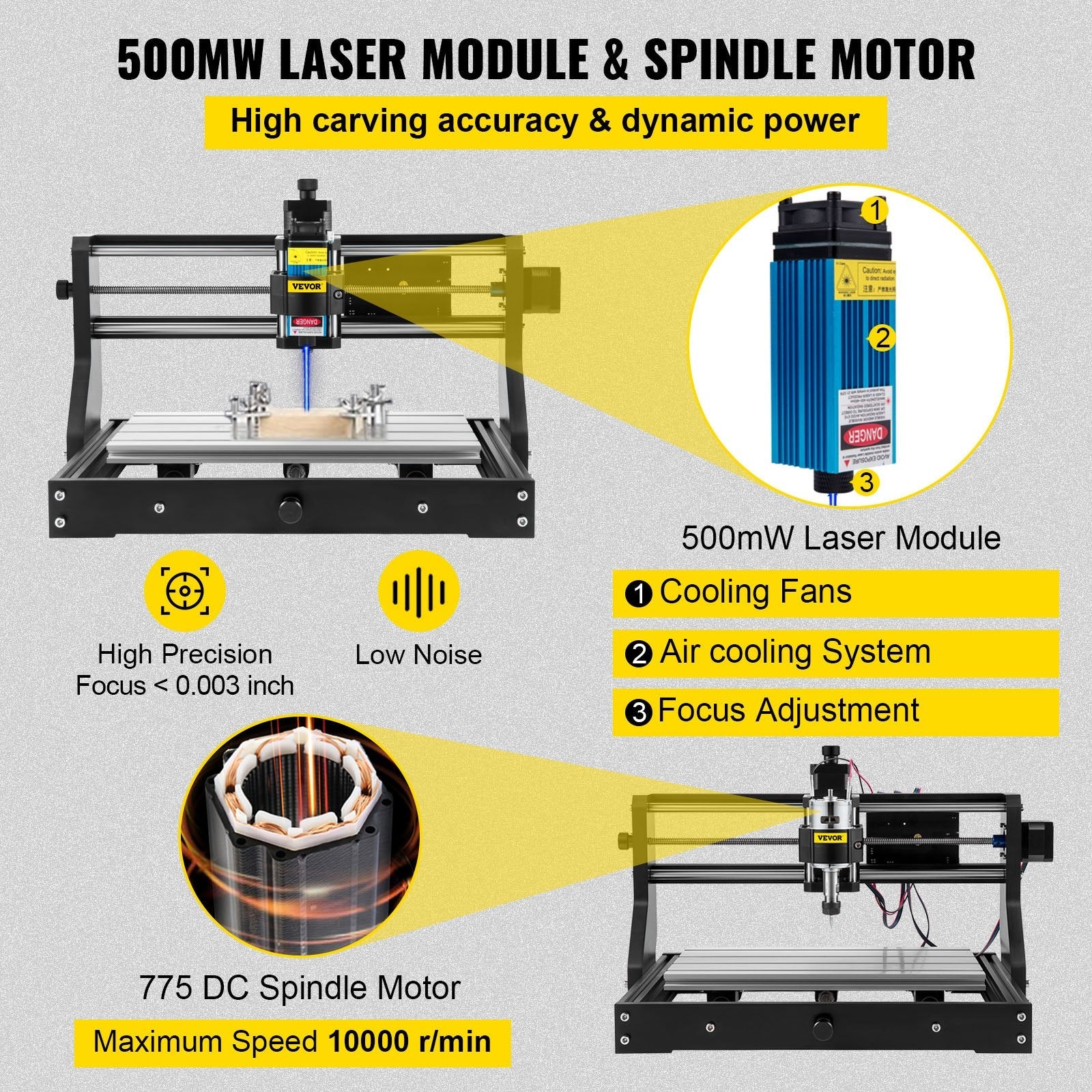 VEVOR CNC 3018 Pro 500mW 300×180×45 mm CNC mašīna ar GRBL vadību, mini lāzera gravētājs ar offline kontrolieri, 3 asi lāzera gravēšanas mašīna grebšanai un frēzēšanai plastmasai, akriliem, PVC un kokam