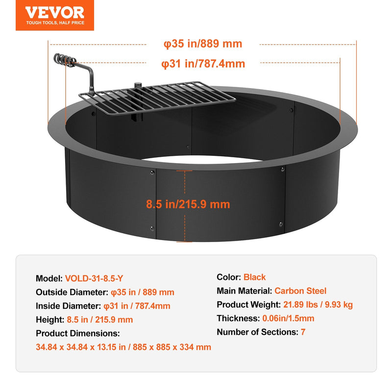 VEVOR ugunskura gredzens ar grila funkciju – 89 cm ārējais tērauda DIY ugunskura ieliktnis