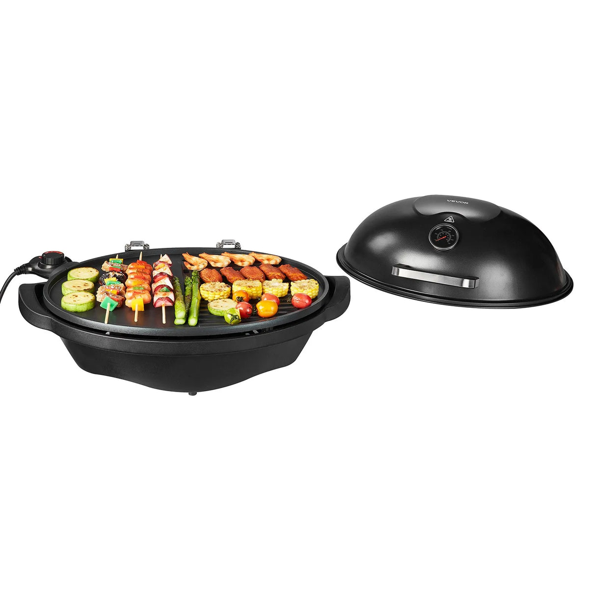 VEVOR elektriskais grils 2400 W, 2-in-1 stāvošs un galda elektriskais BBQ grils lietošanai telpās un ārā, regulējama temperatūra 50–350 °C, nelīpoša ar keramiku pārklāta grilēšanas plāksne ballītēm un grilēšanai pagalmā