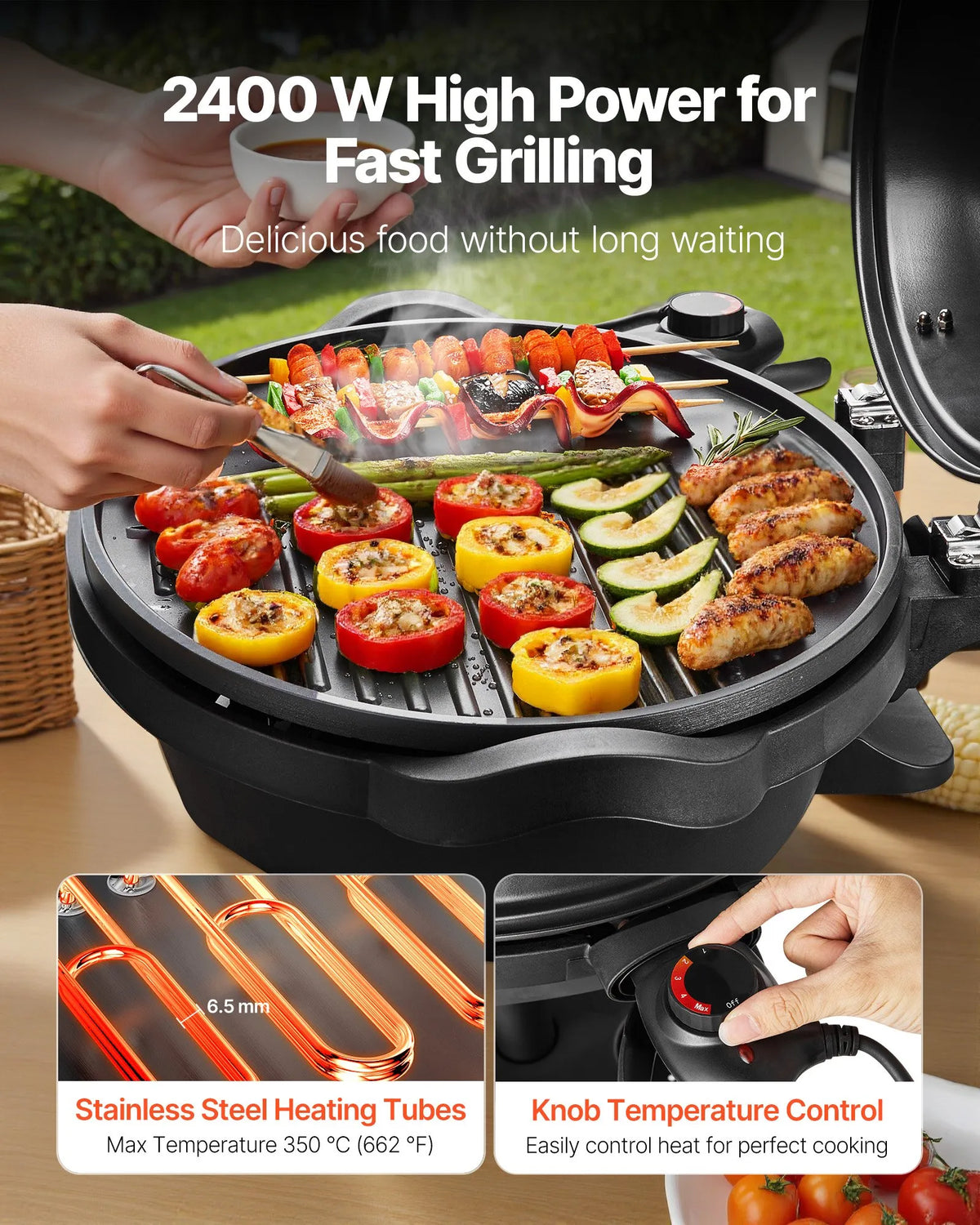 VEVOR elektriskais grils 2400 W, 2-in-1 stāvošs un galda elektriskais BBQ grils lietošanai telpās un ārā, regulējama temperatūra 50–350 °C, nelīpoša ar keramiku pārklāta grilēšanas plāksne ballītēm un grilēšanai pagalmā