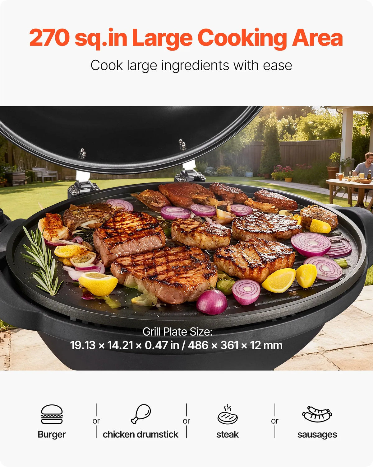 VEVOR elektriskais grils 2400 W, 2-in-1 stāvošs un galda elektriskais BBQ grils lietošanai telpās un ārā, regulējama temperatūra 50–350 °C, nelīpoša ar keramiku pārklāta grilēšanas plāksne ballītēm un grilēšanai pagalmā