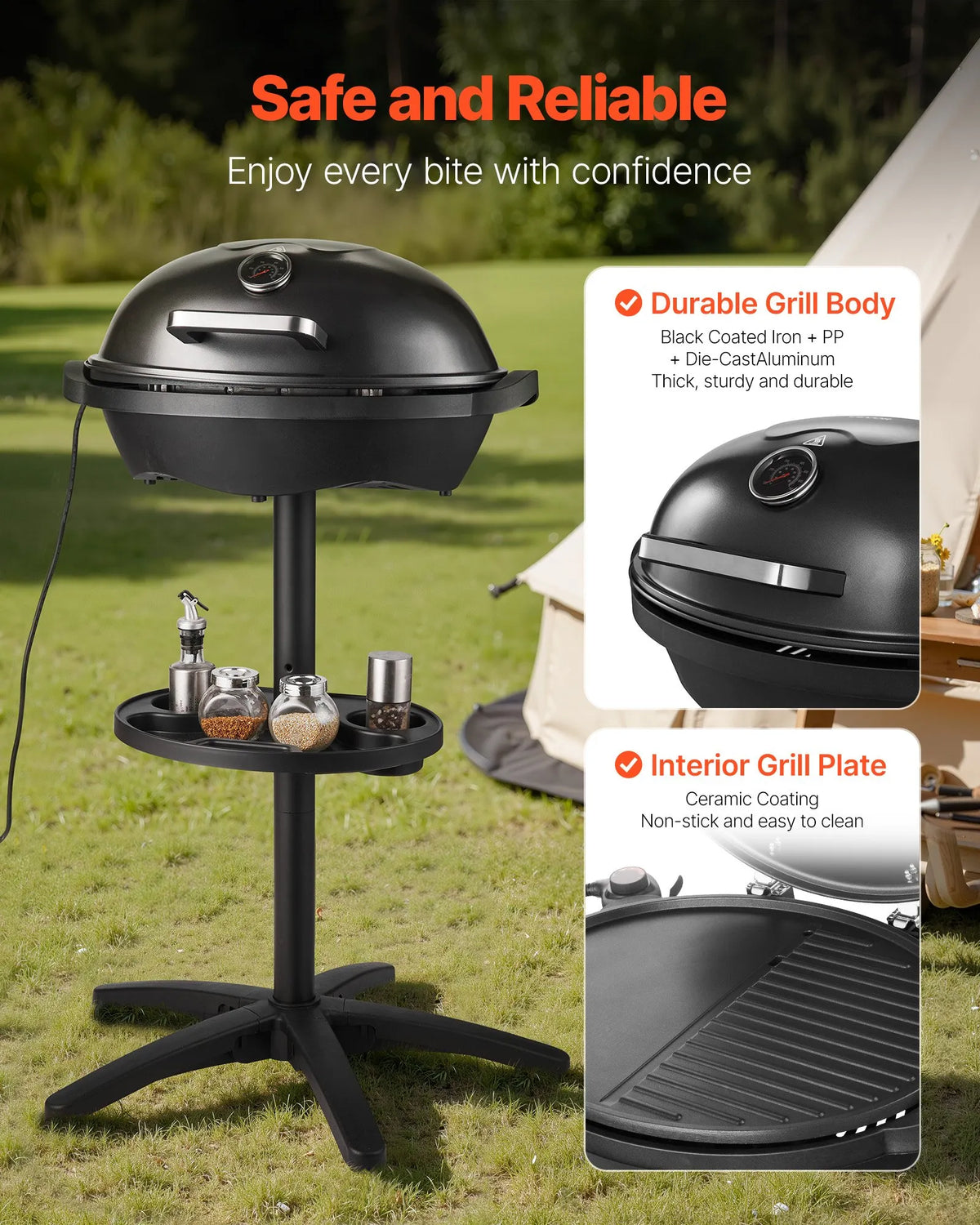VEVOR elektriskais grils 2400 W, 2-in-1 stāvošs un galda elektriskais BBQ grils lietošanai telpās un ārā, regulējama temperatūra 50–350 °C, nelīpoša ar keramiku pārklāta grilēšanas plāksne ballītēm un grilēšanai pagalmā