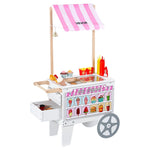 VEVOR bērnu saldējuma ratiņi ar vairāk nekā 20 piederumiem, rotaļu saldējuma veikala komplekts lomu spēlēm ar vafelēm un saldējumu uz kociņa, ar markīzi, saldētavu, atvilktnēm un grozāmiem ēdienkartes paneļiem bērniem no 3 līdz 7 gadiem